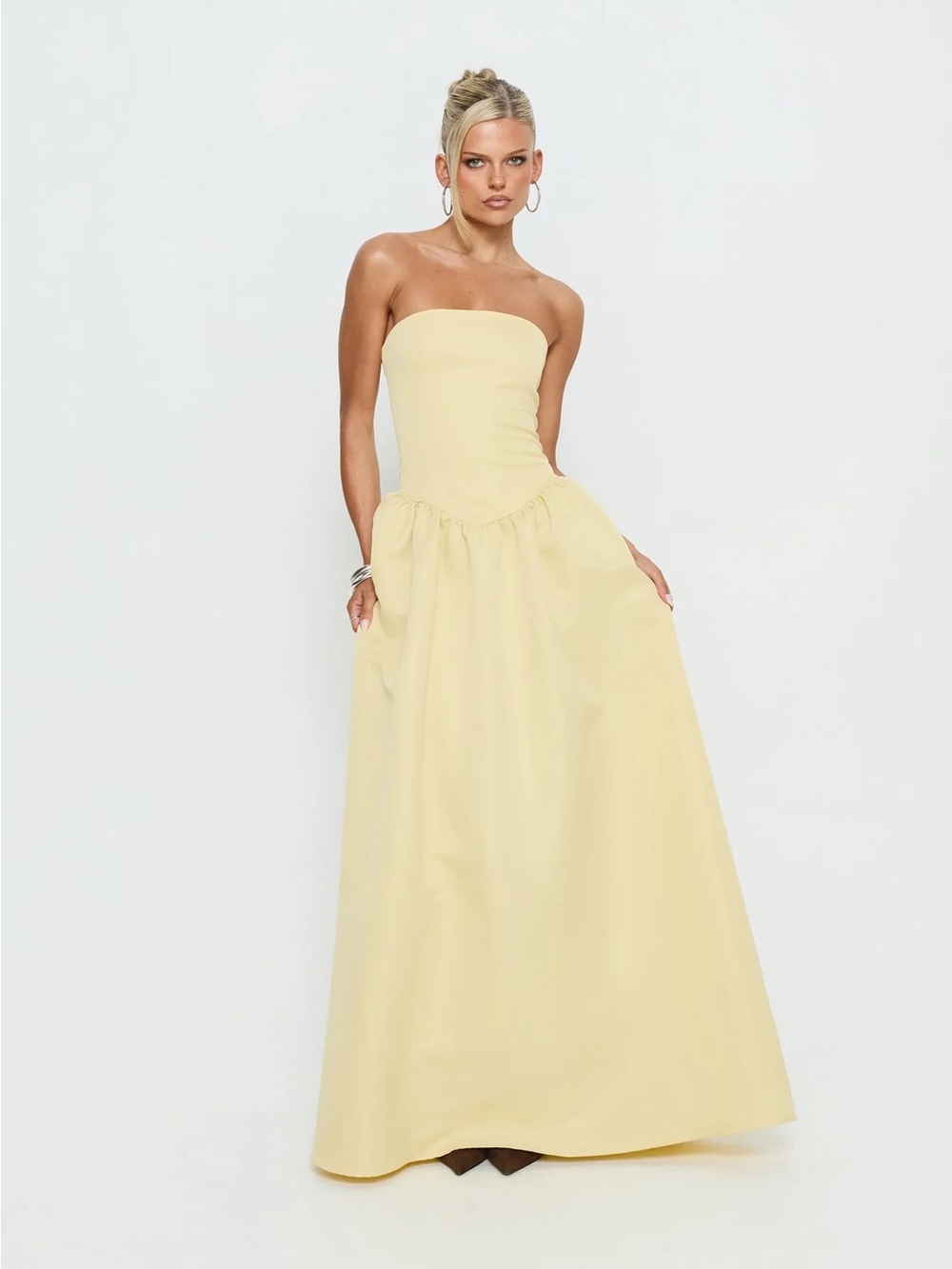 Princess Polly Soft Bloom Drop Waist Strapless Maxi Dress Yellow - Picture 2 of 16